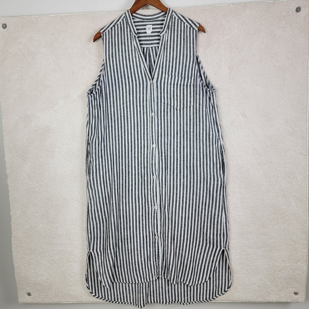 Gap Linen Blend Sleeveless Striped Midi Shift Dress Women's Large Tall - Picture 2 of 8
